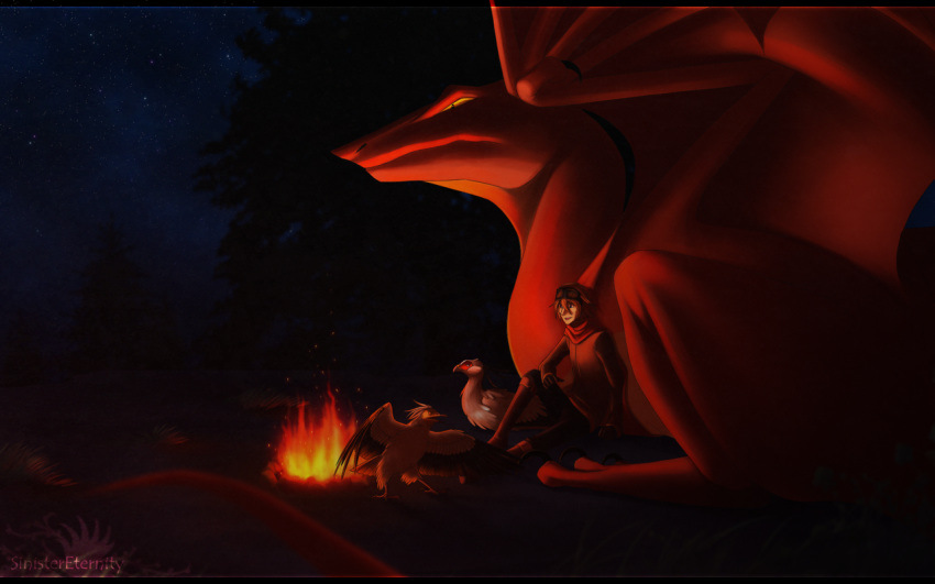 2012 avian bird clothed clothing digital_media_(artwork) dragon fire human mammal night outside sinistereternity sitting sky star starry_sky wyvern