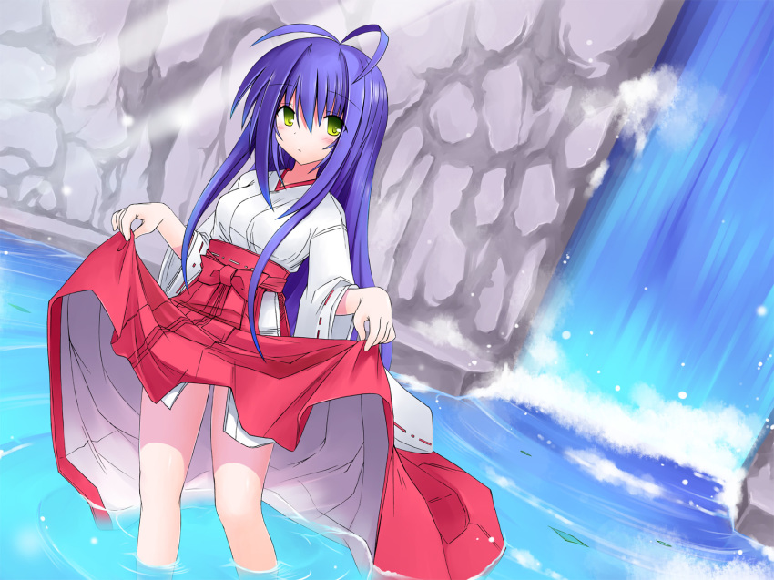 antenna_hair black_hair blue_hair blush cliff green_eyes highres japanese_clothes lifted_by_self looking_at_viewer miko nib_pen_(medium) original skirt skirt_lift solo suika_(kinokoh) thighs traditional_media wading water waterfall wide_sleeves