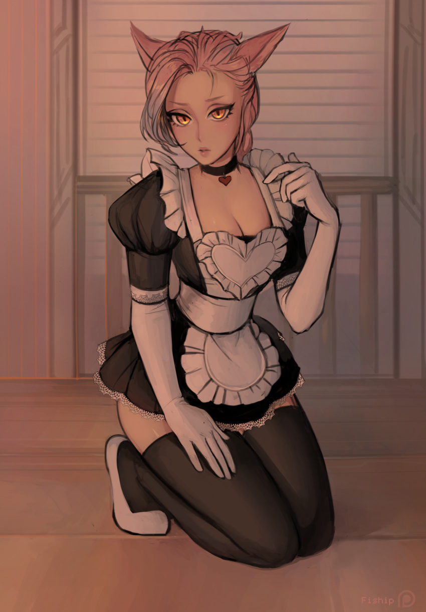 absurdres animal_ears black_choker black_legwear choker commentary commission elbow_gloves english_commentary final_fantasy final_fantasy_xiv frills full_body gloves hand_up heart heart_choker highres indoors kneeling looking_at_viewer maid matilda_vin miqo'te orange_eyes pink_hair puffy_sleeves short_sleeves sketch solo thighhighs white_gloves