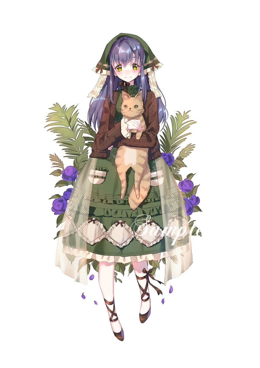 absurdres animal ankle_ribbon bangs black_footwear black_hair blue_hair blush brown_sweater cardigan cat chin_strap dress flats flower frilled_dress frills full_body green_dress head_scarf highres holding holding_animal holding_cat long_hair long_sleeves looking_at_viewer original overskirt palm_leaf purple_flower ribbon sample sidelocks simple_background smile solo sweater white_background yellow_eyes yuzhi