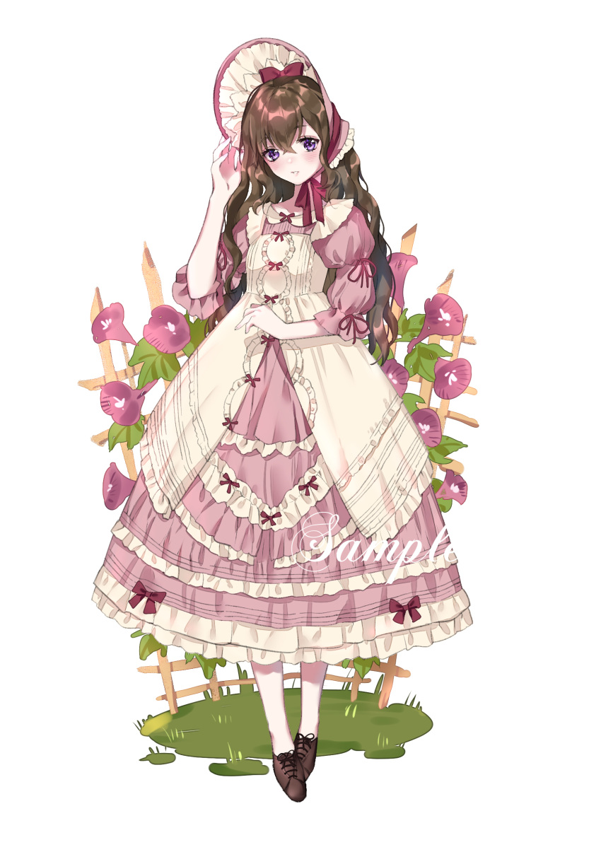 absurdres bangs black_footwear bonnet bow brown_hair chin_strap crossed_bangs dress flower frilled_dress frilled_sleeves frills full_body hair_between_eyes hand_on_headwear highres layered_dress lolita_fashion morning_glory original parted_lips purple_eyes ribbon sample smile solo white_background yuzhi
