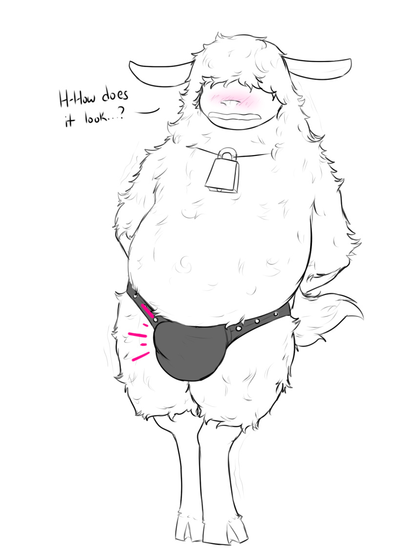 bell big_bulge big_ears blush bulge caprine clothing cute dialogue fluffy himerosthegod male mammal mova_(himeros) shaking sheep simple_background sketch solo underwear white_background