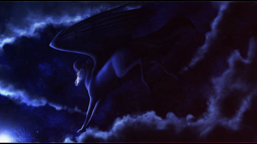 2013 ambiguous_gender black_bars digital_media_(artwork) equine feathered_wings feathers feral flying mammal night outside pegasus sinistereternity sky solo star starry_sky wings