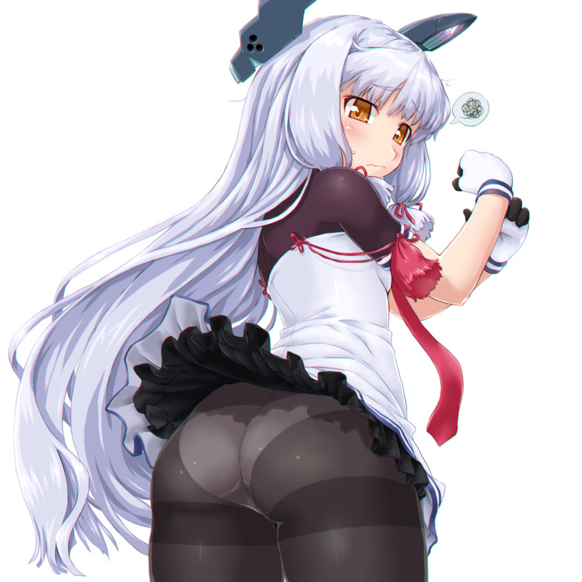 ass bangs black_legwear blunt_bangs blush breasts brown_eyes closed_mouth cowboy_shot dd_(ijigendd) dress dress_lift eyebrows_visible_through_hair from_behind gloves hair_ribbon headgear highres kantai_collection long_hair looking_back murakumo_(kantai_collection) necktie panties panties_under_pantyhose pantyhose remodel_(kantai_collection) ribbon short_dress sidelocks silver_hair simple_background small_breasts solo spoken_squiggle squiggle sweatdrop thighband_pantyhose underwear very_long_hair wavy_mouth white_background white_gloves white_panties