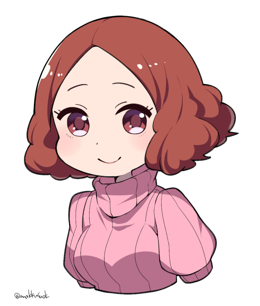 blush brown_eyes brown_hair commentary_request do_m_kaeru highres okumura_haru persona persona_5 pink_sweater ribbed_sweater short_hair smile solo sweater twitter_username upper_body