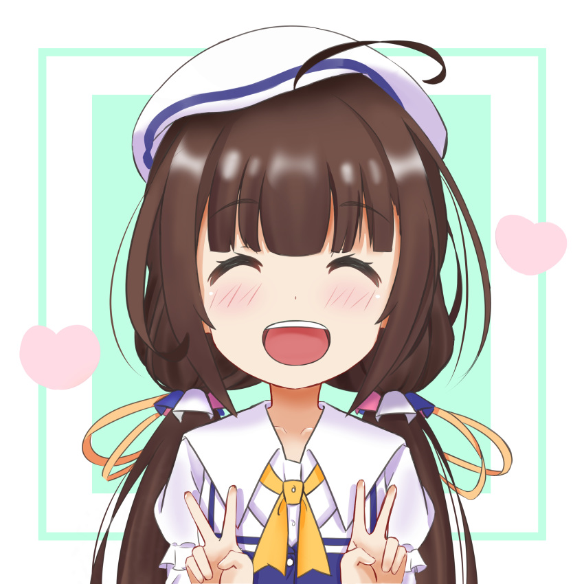 absurdres blush brown_hair closed_eyes commentary double_v english_commentary facing_viewer highres hinatsuru_ai long_hair ryuuou_no_oshigoto! sasatabekung self_upload solo v