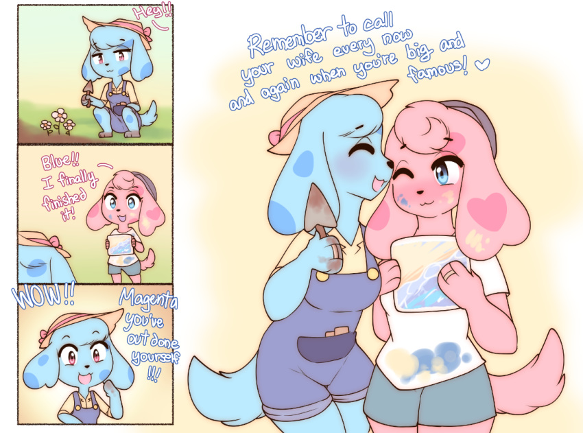 2018 anthro blue's_clues blue_(blue's_clues) blue_eyes canine clothed clothing comic dialogue digital_media_(artwork) dog drawing duo english_text eyes_closed female flower hat magenta_(blue's_clues) mammal one_eye_closed open_mouth open_smile overalls pink_eyes plant raikissu smile spots text