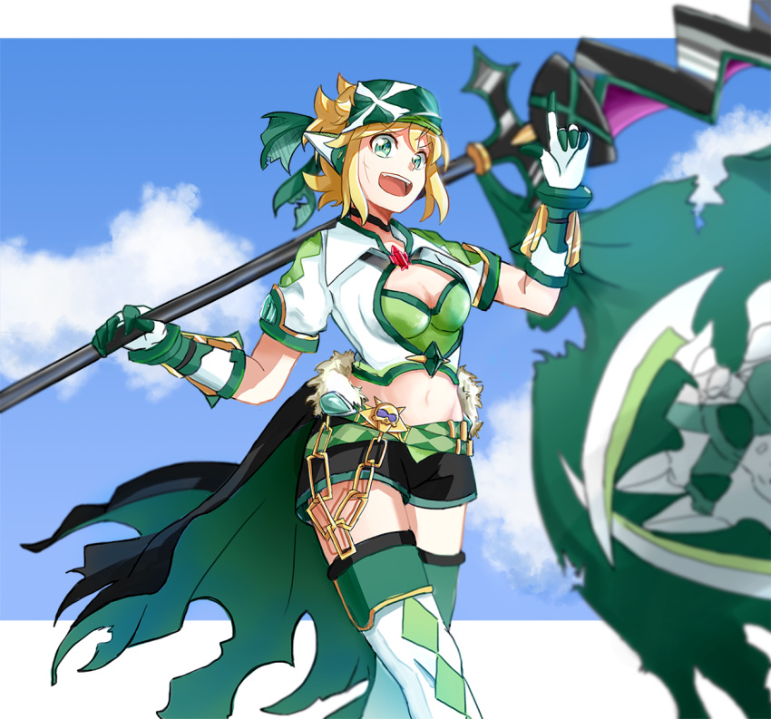 akatsuki_kirika bandana belt black_shorts blonde_hair blue_sky blurry breasts chain choker cleavage cloud commentary_request day depth_of_field flag gloves green_bandana green_eyes highres infour jolly_roger looking_at_viewer medium_breasts midriff navel open_mouth pirate pointing pointing_up scythe senki_zesshou_symphogear senki_zesshou_symphogear_xd_unlimited shiny shiny_hair short_hair shorts skull skull_and_crossed_swords sky smile solo standing symphogear_pendant thighhighs vambraces waistcoat weapon white_gloves white_legwear