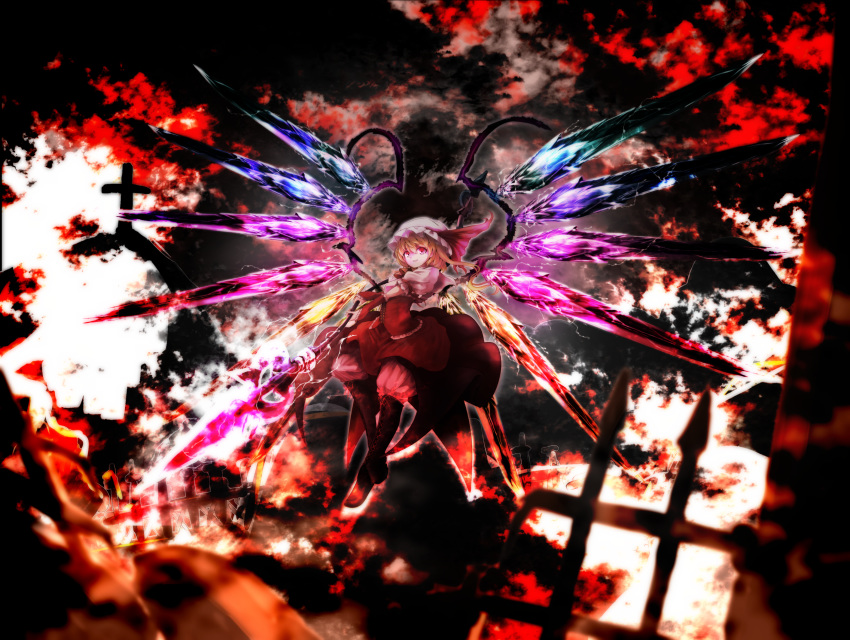 commentary_request flandre_scarlet floating flying highres holding holding_weapon kushidama_minaka looking_down open_eyes red_eyes smile solo the_embodiment_of_scarlet_devil touhou weapon wings