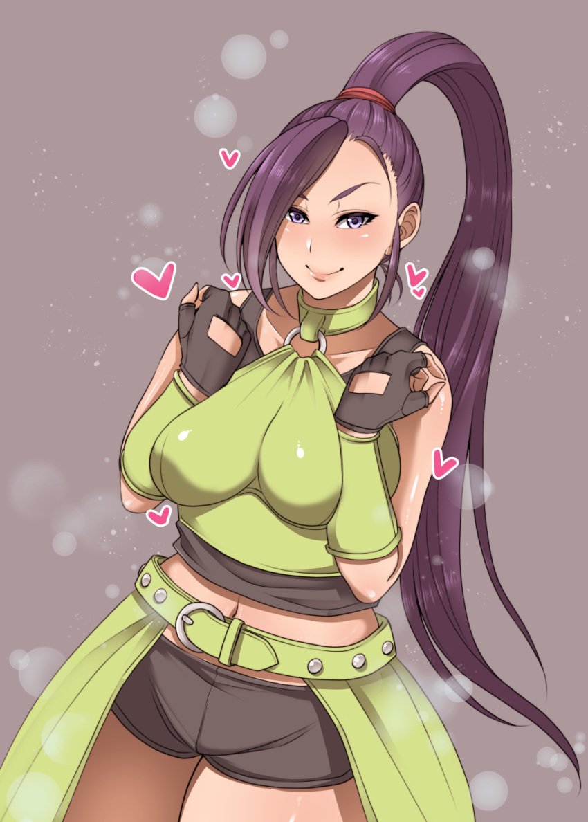 belt black_gloves blush breast_squeeze breasts crop_top dragon_quest dragon_quest_xi fingerless_gloves gloves green_skirt heart highres korotsuke large_breasts long_hair martina_(dq11) midriff navel o-ring o-ring_top ponytail purple_eyes purple_hair short_shorts shorts skirt smile solo very_long_hair