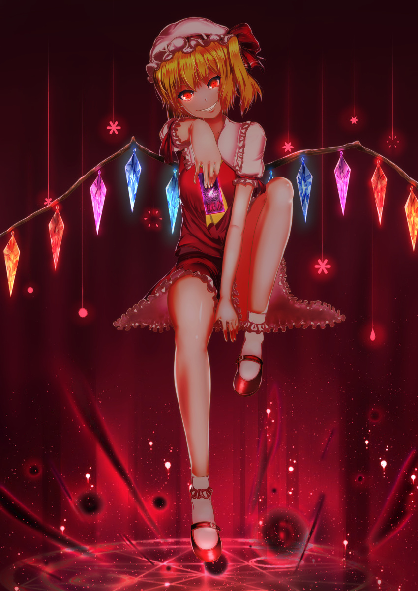 absurdres card commentary_request e-_-cho flandre_scarlet highres holding holding_card leg_up looking_at_viewer mary_janes red_eyes shoes smile solo the_embodiment_of_scarlet_devil touhou wings
