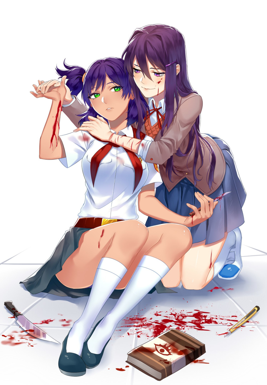 2girls belt bleeding blood bloody_clothes bloody_hands bloody_knife blue_skirt book breasts crossover doki_doki_literature_club envelope everlasting_summer eye_contact green_eyes hair_ornament hairpin half-closed_eyes hand_on_another's_shoulder kneeling knife long_hair miniskirt multiple_girls paper purple_eyes purple_hair red_ribbon ribbon school_uniform shirt shoes short_hair sitting skirt smile twintails uniform unyl-chan vest white_background white_shirt yuri yuri_(doki_doki_literature_club)