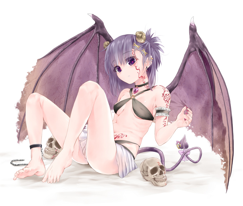 arm_strap arm_tattoo barefoot black_choker bow breasts chain choker commentary_request criss-cross_halter demon_girl demon_horns demon_tail demon_wings earrings eyebrows_visible_through_hair facial_tattoo frills full_body gabriel_dropout hair_ornament hairclip halterneck heart heart_earrings heart_ring highres horns jewelry knees_up lock nail_polish o-ring o-ring_top padlock parted_lips purple_bow purple_eyes purple_hair purple_nails purple_ribbon ribbon sazanka short_hair simple_background sitting skirt skull small_breasts solo stomach_tattoo tail tail_bow tail_piercing tail_ribbon tattoo tsukinose_vignette_april underboob white_background white_skirt wings