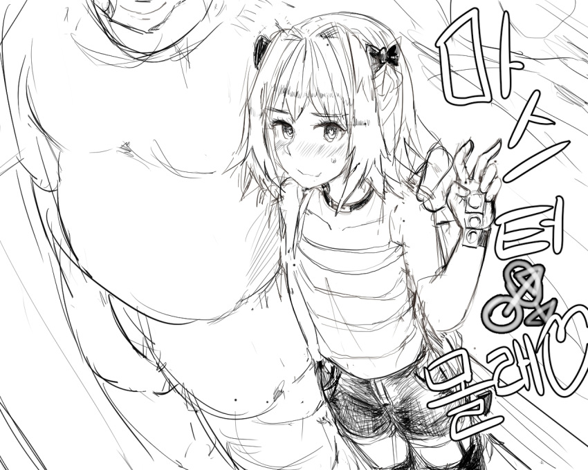 2boys astolfo_(fate) bangs bare_arms bare_shoulders blush bow braid choker closed_mouth collarbone commentary condom condom_packet_strip condom_wrapper denim denim_shorts dutch_angle english_commentary eyebrows_visible_through_hair fang fat fat_man fate/apocrypha fate_(series) from_above garter_straps greyscale hair_bow hair_intakes hand_on_another's_shoulder hand_up head_out_of_frame heart heart-shaped_pupils height_difference holding holding_condom long_hair looking_at_viewer looking_up male_focus monochrome multicolored_hair multiple_boys nose_blush otoko_no_ko petite shirt short_shorts short_sleeves shorts single_braid sketch sleeveless sleeveless_shirt smile solo_focus spaghetti_strap standing streaked_hair striped striped_shirt sweatdrop symbol-shaped_pupils tank_top thighhighs translation_request two-tone_hair v very_long_hair wavy_mouth yaoi