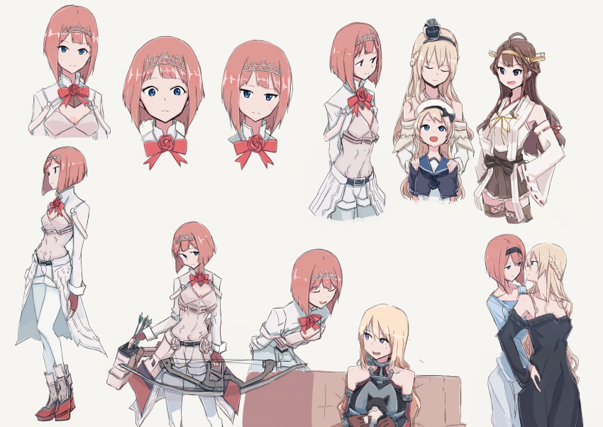 ark_royal_(kantai_collection) arrow bangs beige_background bismarck_(kantai_collection) blonde_hair blue_eyes blunt_bangs bob_cut bow_(weapon) breasts brown_hair cleavage_cutout commentary_request corset expressions eye_contact fingerless_gloves flat_chest flight_deck gloves hairband highres jervis_(kantai_collection) kantai_collection kongou_(kantai_collection) long_hair long_sleeves looking_at_another mikiki multiple_girls multiple_views pantyhose quiver red_hair red_ribbon ribbon short_hair shorts simple_background small_breasts thighhighs tiara tsurime warspite_(kantai_collection) weapon white_legwear white_shorts yuri