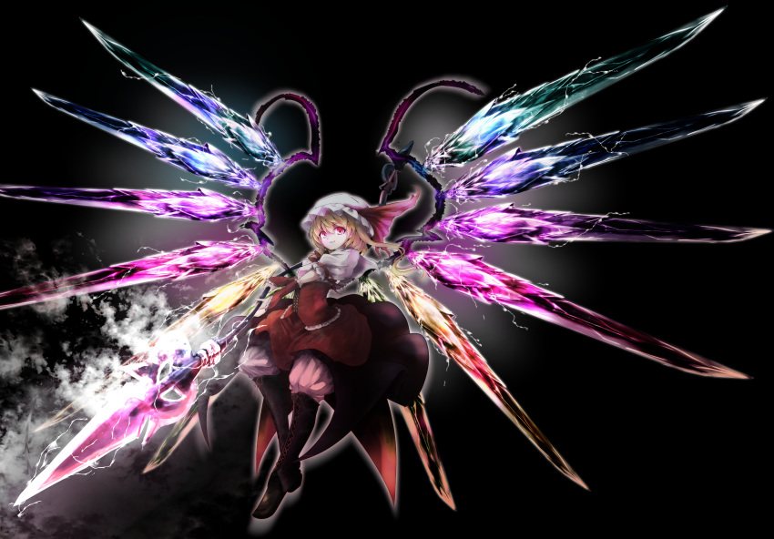 absurdres black_background commentary_request flandre_scarlet floating flying highres holding holding_weapon kushidama_minaka looking_down open_eyes red_eyes smile solo the_embodiment_of_scarlet_devil touhou weapon wings