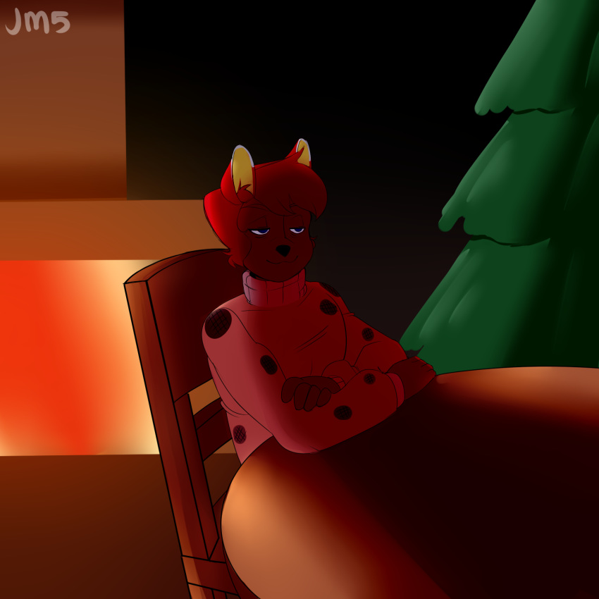 anthro canine clothed clothing fur hair hi_res inside jakkmau5art male mammal sitting smile solo tree