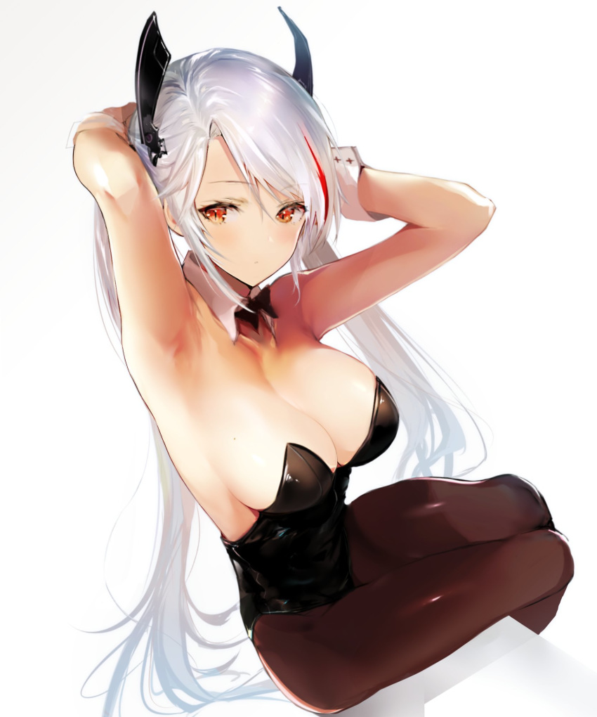 armpits arms_behind_head azur_lane bangs bare_shoulders blush breasts cleavage closed_mouth collarbone commentary_request eyebrows_visible_through_hair from_above from_side gradient gradient_background hair_between_eyes headgear highres hitaki_yuu large_breasts leotard long_hair looking_at_viewer looking_back mole mole_on_breast multicolored_hair pantyhose playboy_bunny_leotard prinz_eugen_(azur_lane) red_hair silver_hair simple_background sitting solo streaked_hair thighs two_side_up very_long_hair wrist_cuffs