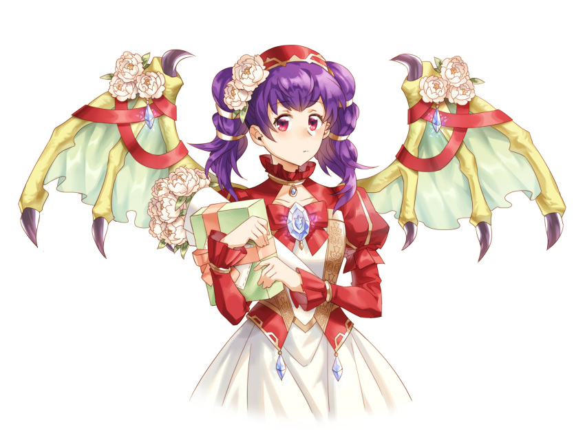 absurdres blush cape dragon_girl dragon_wings dress fire_emblem fire_emblem:_seima_no_kouseki fire_emblem_heroes gift green_wings highres long_hair looking_at_viewer mamkute multi-tied_hair myrrh purple_hair red_eyes short_hair simple_background smile solo tecchen twintails wings