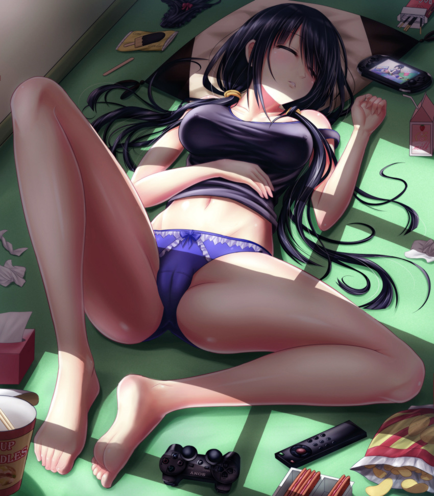 bag_of_chips bangs bare_legs barefoot bendy_straw black_hair black_panties black_shirt bow bow_panties breasts cameltoe chips closed_eyes commentary_request controller cookie covered_nipples crotch_seam cup_ramen date_a_live drinking_straw dualshock food full_body game_console game_controller gamepad hand_on_own_stomach handheld_game_console highres indoors knee_up large_breasts long_hair low_twintails lying messy_room milk_carton navel no_pants on_back on_floor panties parted_lips pillow playstation_controller playstation_vita pocky popsicle_stick potato_chips purple_panties remote_control revision shirt sleeping snack solo spread_legs strap_slip tank_top taut_clothes tissue tissue_box tokisaki_kurumi tsubasaki twintails underwear used_tissue very_long_hair window_shade