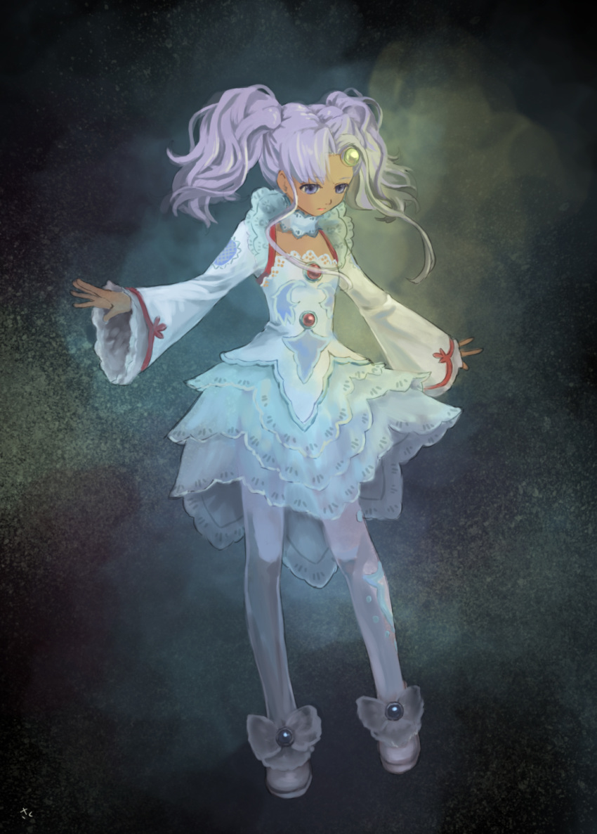 closed_mouth dark dark_background dark_skin dress forehead_jewel full_body highres lavender_eyes lavender_hair meredy pantyhose pink_eyes pink_hair pink_legwear sakuyamelody sidelocks signature solo tales_of_(series) tales_of_eternia twintails white_dress wide_sleeves