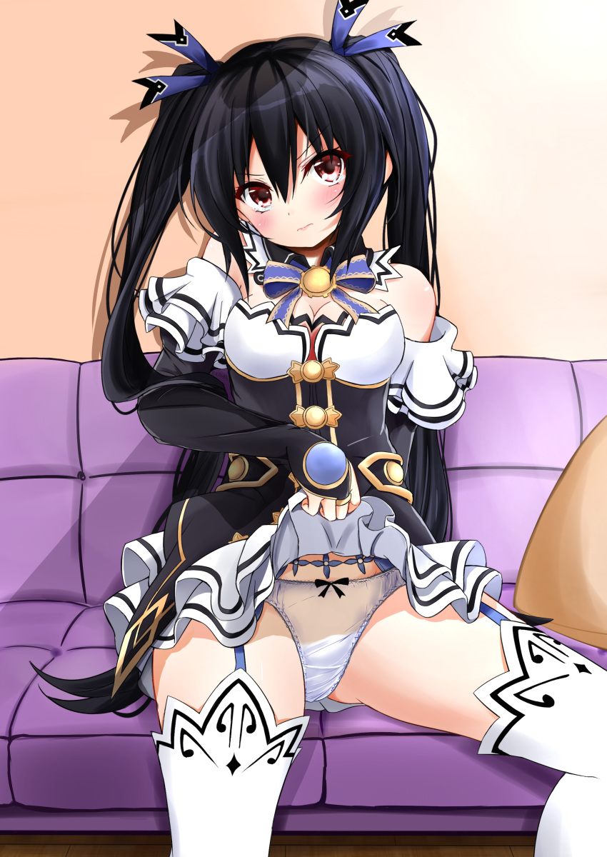 3: absurdres angry bare_shoulders black_hair blush breasts cleavage commentary_request ex_idol garter_straps hair_ornament hair_ribbon highres lifted_by_self long_hair looking_at_viewer medium_breasts neptune_(series) noire panties red_eyes ribbon sitting skirt skirt_lift solo tears thighhighs twintails underwear v-shaped_eyebrows white_legwear white_panties