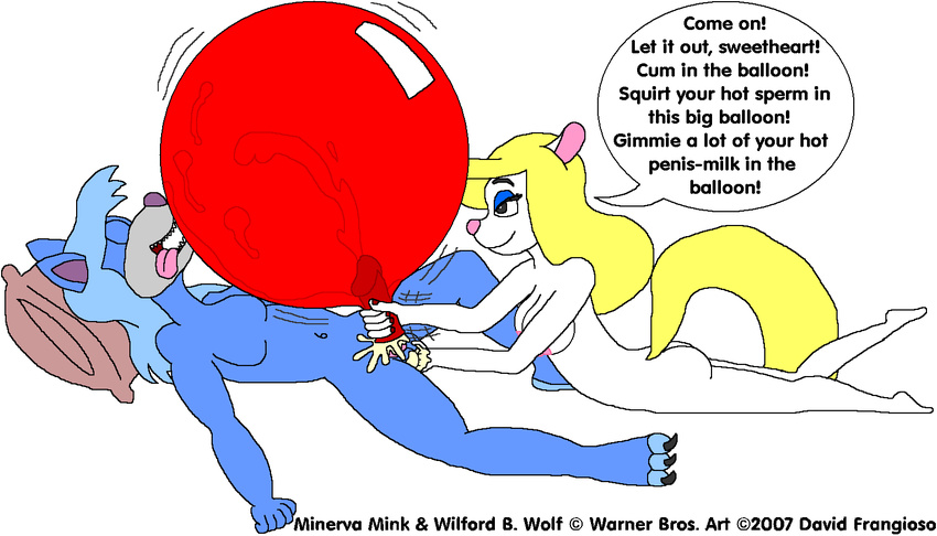 2007 animaniacs ball_fondling balloon balloon_fetish balls blonde_hair blue_hair breasts canine cum cum_in_balloon cum_inside cumshot david_frangioso dialog english_text erection female foreplay hair handjob male mammal masturbation minerva_mink mink mustelid nipples nude orgasm penis plain_background sex straight text were werewolf white_background wilford_wolf