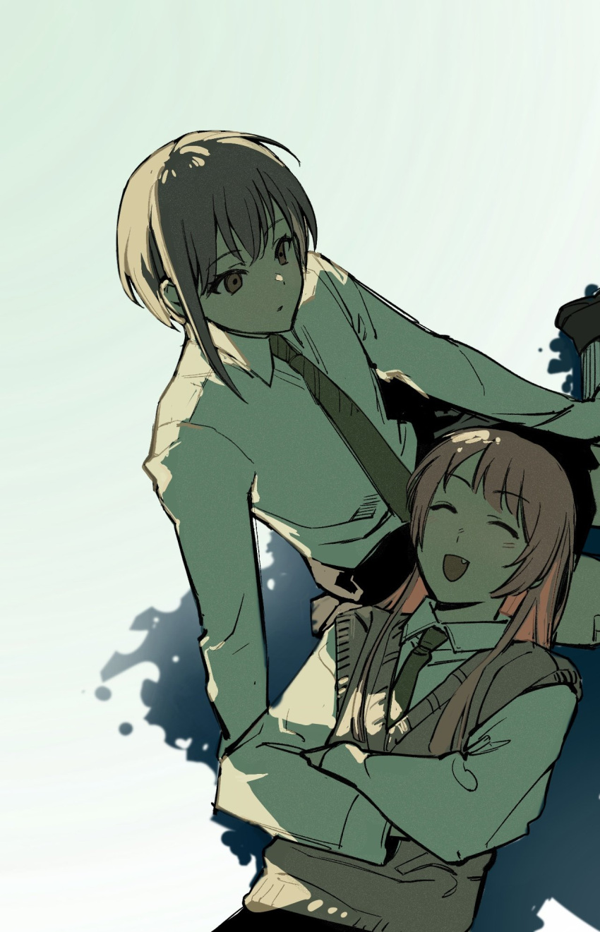 2girls ^_^ bang_dream! bang_dream!_it's_mygo!!!!! brown_eyes brown_sweater_vest chihaya_anon closed_eyes commentary cracy_logan crossed_arms fang green_necktie grey_hair haneoka_school_uniform hashtag-only_commentary highres lap_pillow long_hair long_sleeves multiple_girls necktie open_mouth pink_hair school_uniform short_hair simple_background sweater_vest takamatsu_tomori white_background