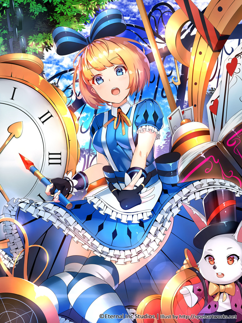 :o alice_(wonderland) alice_in_wonderland apron black_gloves blonde_hair blue_dress blue_eyes bow breasts bunny card clock commentary day dress english_commentary eternal_wars eyebrows_visible_through_hair frills gloves hair_bow highres knees_together_feet_apart medium_breasts official_art open_mouth partly_fingerless_gloves petticoat puff_and_slash_sleeves puffy_sleeves solo_focus striped striped_legwear suspenders sysen thighhighs waist_apron watermark web_address