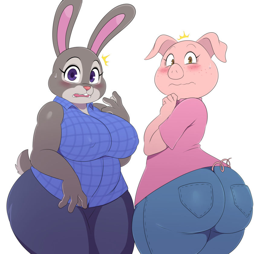 2018 anthro big_breasts big_butt blush bonnie_hopps breasts butt clothed clothing crossover digital_media_(artwork) disney duo female lagomorph looking_at_viewer mammal mature_female open_mouth overweight overweight_female pig porcine purple_eyes rabbit rosita_(sing) short_stack simple_background sing_(movie) sssonic2 sweat teeth thick_thighs white_background wide_hips zootopia