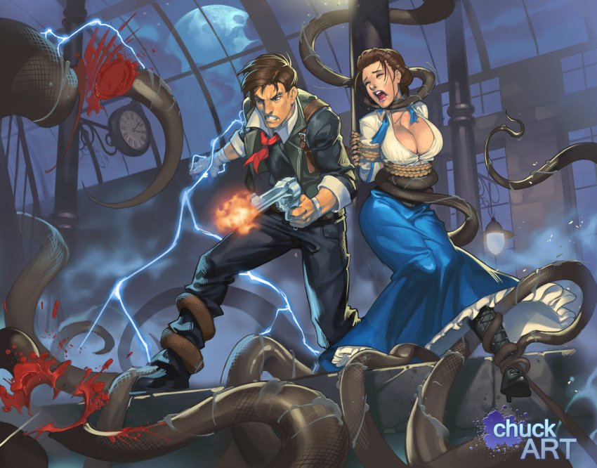 1boy 1girl arms_behind_back bandage bandaged_arm bioshock bioshock_infinite booker_dewitt boots bound breasts brown_hair chuck_pires cleavage clock commentary cross-laced_footwear crossover cthulhu_mythos electricity elizabeth_(bioshock_infinite) firing gun handgun lace-up_boots large_breasts leg_pull lips long_hair long_skirt moon muzzle_flash night pistol revolver rope screaming short_hair skirt tentacle train_station weapon