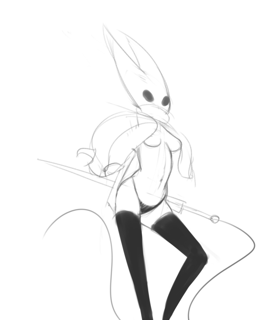 breasts clothed clothing empty_eyes female hi_res hollow_knight hollow_knight_(species) hornet_(hollow_knight) humanoid legwear monochrome mrdoccon needle panties scarf simple_background skimpy solo thigh_highs underwear white_background