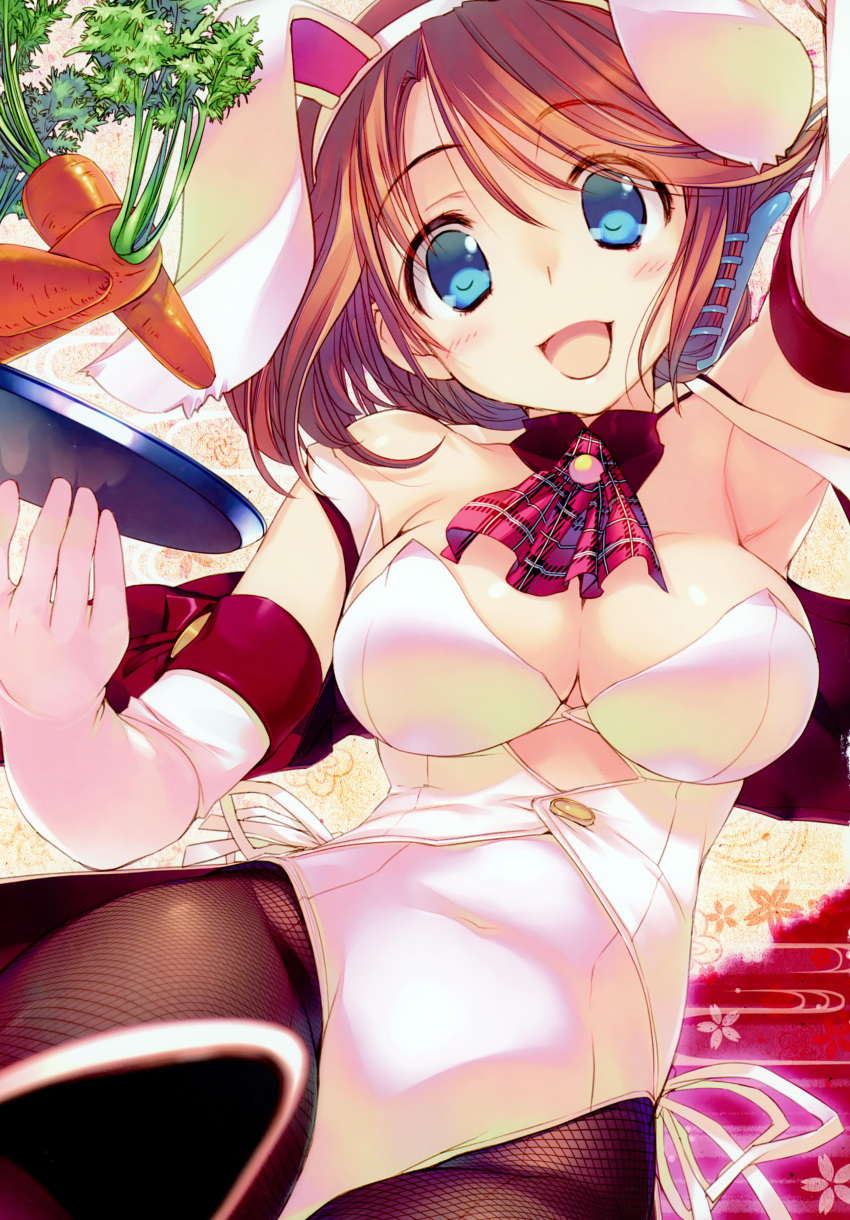 absurdres amazuyu_tatsuki animal_ears armpits bangs bare_shoulders blue_eyes blush breasts brown_hair bunny_ears bunnysuit carrot cleavage detached_collar elbow_gloves eyebrows_visible_through_hair fake_animal_ears fishnet_pantyhose fishnets folded_ponytail food gloves highres holding jacket komaki_manaka leotard looking_at_viewer medium_breasts off_shoulder official_art open_clothes open_jacket open_mouth pantyhose scan simple_background sleeveless smile strapless strapless_leotard to_heart_2 tray white_gloves white_leotard