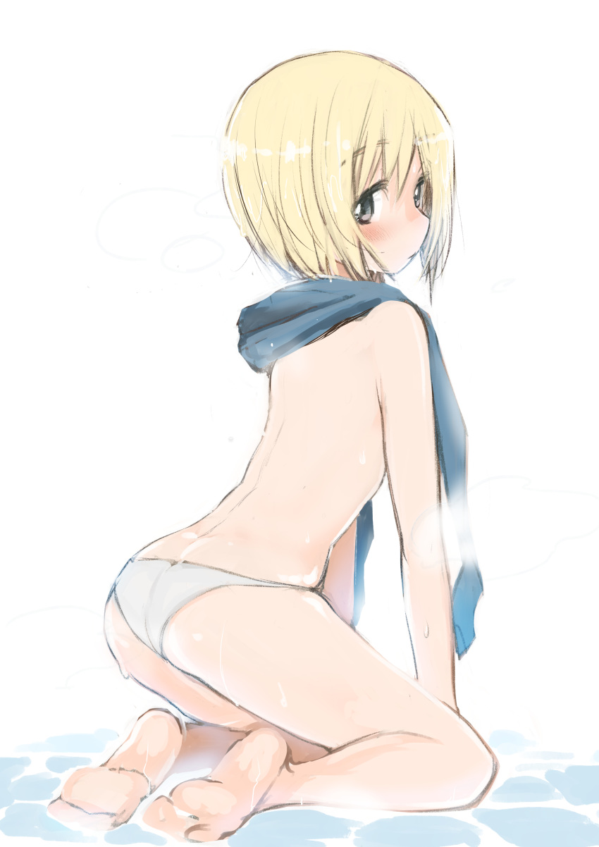 absurdres ass blonde_hair blue_eyes blue_scarf blush breasts convenient_arm emirio_(user_wmup5874) erica_hartmann highres looking_at_viewer looking_back panties scarf small_breasts solo strike_witches topless underwear white_panties world_witches_series