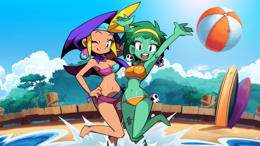 2girls beachball blonde_hair blue_eyes breasts cleavage dark_skin green_hair green_skin looking_at_viewer multiple_girls navel partially_submerged pool red_eyes rottytops shantae:_half-genie_hero shantae_(series) short_hair sky_(shantae) smile swimsuit water zombie