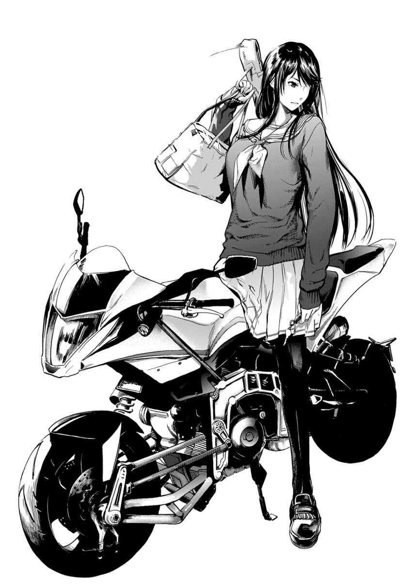 bag commentary_request greyscale ground_vehicle highres holding holding_bag kurofood loafers long_hair monochrome motor_vehicle motorcycle on_motorcycle original pantyhose school_uniform shoes simple_background skirt solo standing uniform white_background