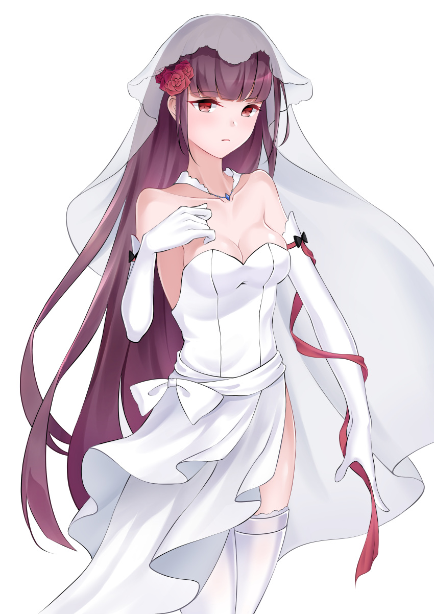 absurdres alternate_costume alternate_hairstyle arm_at_side arm_ribbon bangs blush breasts bridal_veil cleavage collarbone commentary_request dress elbow_gloves eyebrows_visible_through_hair flower girls_frontline gloves hair_flower hair_ornament hand_on_own_chest highres jewelry large_breasts long_hair looking_at_viewer misaki159123 open_mouth pendant purple_hair red_eyes ribbon sidelocks simple_background solo strapless strapless_dress thighhighs thighs veil very_long_hair wa2000_(girls_frontline) wedding_dress white_background white_gloves white_legwear