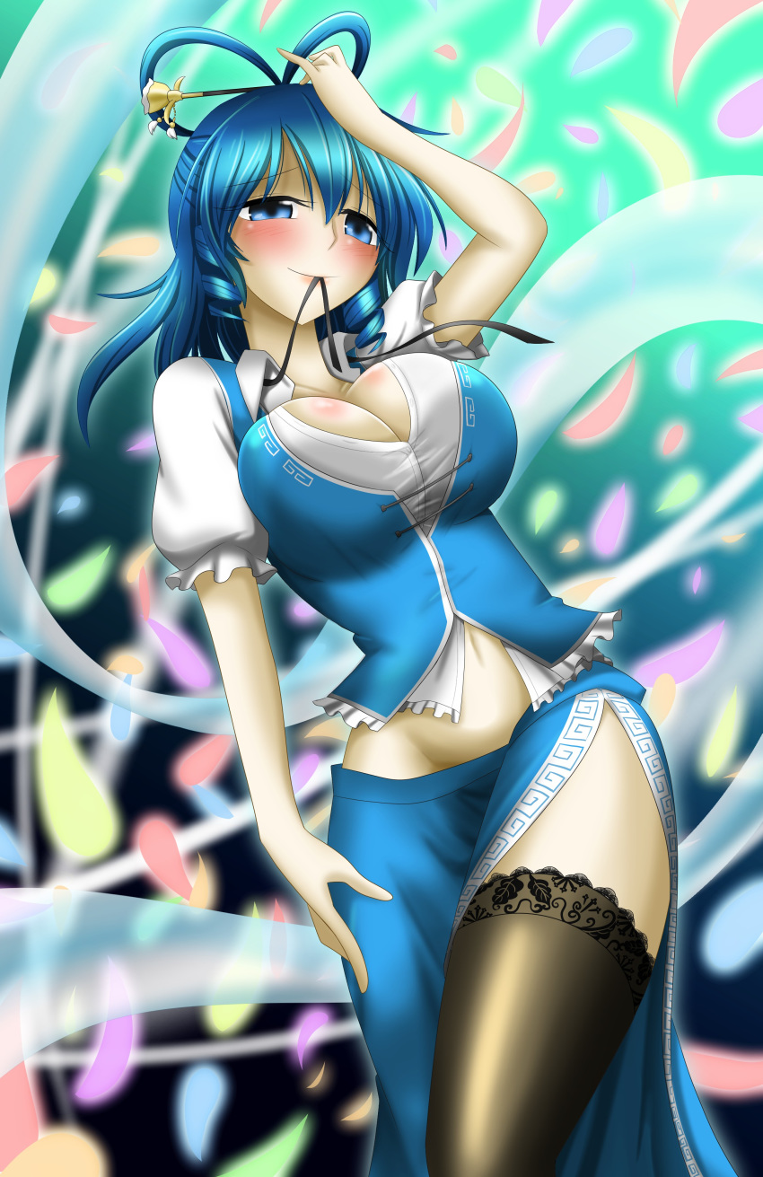 absurdres black_legwear blue_eyes blue_hair blush breasts cherry_blossoms cleavage commentary_request hair_ornament hair_rings hair_stick hand_on_own_head highres hisin kaku_seiga large_breasts long_skirt looking_at_viewer midriff mouth_hold navel petals shawl short_sleeves side_slit skirt smile solo thighhighs thighs touhou