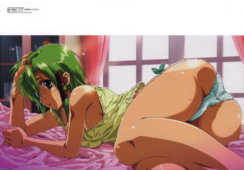 :d arm_support armpits ass bangs bare_shoulders bed bed_sheet blue_eyes blue_panties blush bookshelf breast_press breasts camisole covered_nipples curtains foreshortening green_hair hair_between_eyes hair_ribbon hand_on_own_head highres hosoda_naoto indoors large_breasts legs long_hair looking_at_viewer looking_back lying megami no_bra no_pants on_side open_mouth panties profile ribbon scan sheet_grab shigure_asa short_hair shuffle! shuffle!_memories side-tie_panties sideboob sidelocks skindentation smile solo strap_slip sweat thighs tress_ribbon unaligned_breasts underwear wet wet_clothes window