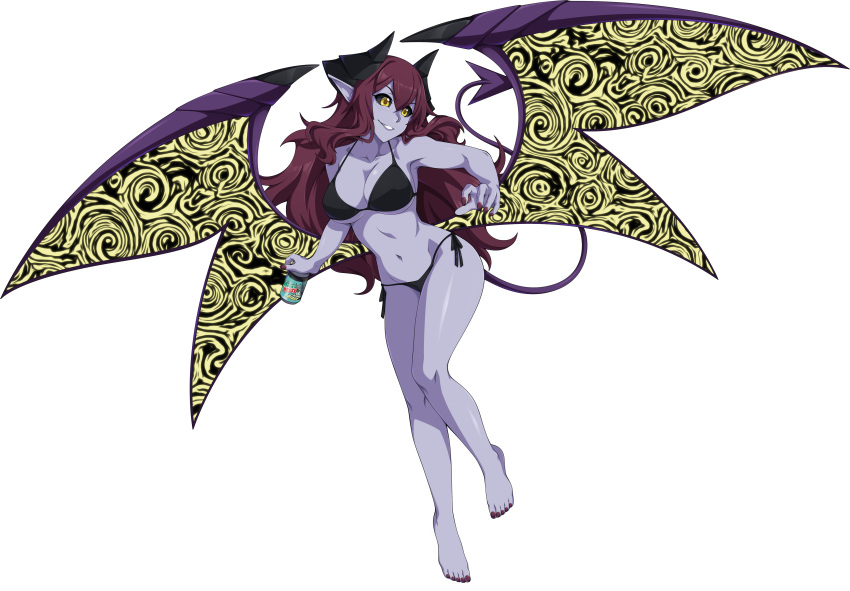 absurdres barefoot bikini black_bikini black_sclera breasts can cleavage demon_girl demon_horns demon_tail fearless_night full_body hell_princess highres horns large_breasts long_hair low_wings meme mountain_dew nail_polish navel pointy_ears product_placement purple_nails purple_skin red_hair side-tie_bikini smile soda_can solo spike_wible swimsuit tail toenail_polish transparent_background underboob wings yellow_eyes