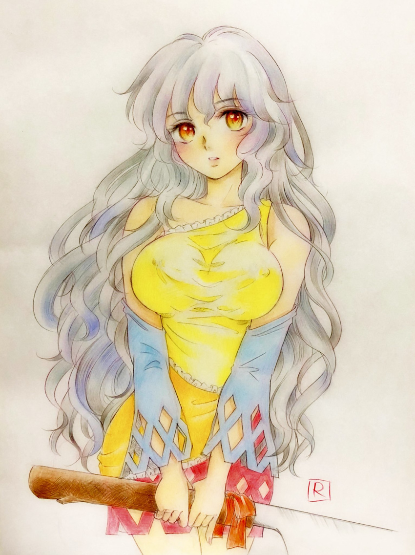 artist_name bare_shoulders breasts cleaver collarbone commentary covered_nipples cowboy_shot detached_sleeves dress eyebrows_visible_through_hair eyelashes frilled_dress frills gradient_eyes grey_hair highres holding holding_weapon lace lace-trimmed_dress lace-trimmed_sleeves large_breasts long_hair looking_at_viewer messy_hair multicolored multicolored_clothes multicolored_dress multicolored_eyes open_mouth orange_eyes pinky_out q-bee_(aaru) red_ribbon ribbon sakata_nemuno simple_background single_strap solo standing touhou traditional_media wavy_hair weapon yellow_eyes