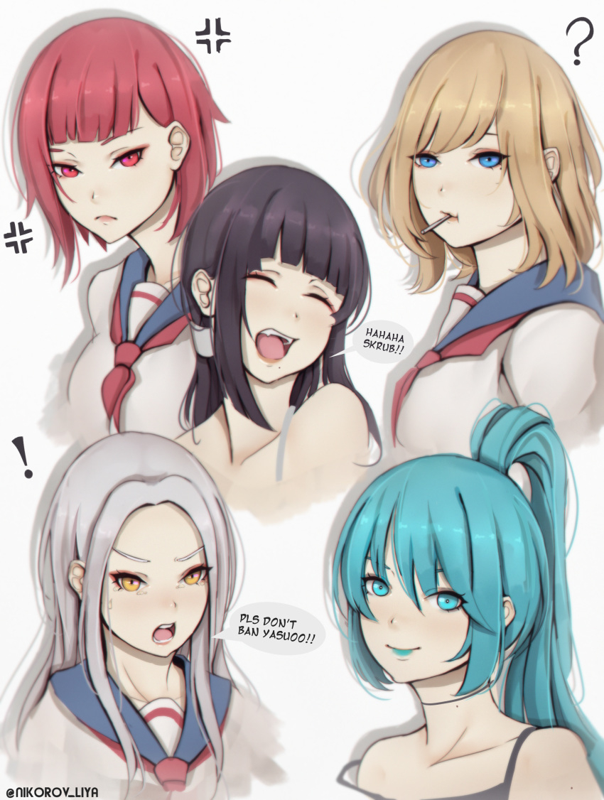 ! 5girls :d ? absurdres anger_vein aqua_eyes aqua_hair aqua_lipstick bangs blue_eyes blunt_bangs brown_hair candy english food high_ponytail highres lips lipstick liya_nikorov lollipop long_hair makeup mouth_hold multiple_girls open_mouth original parted_bangs pink_eyes red_hair school_uniform serafuku short_hair silver_hair smile strap_slip swept_bangs tears twitter_username