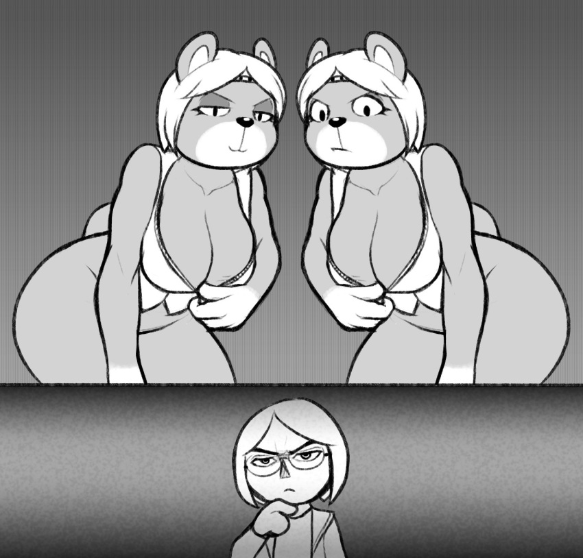 ambiguous_gender animal_crossing anthro april_fool's_day bear big_breasts bottomless breasts cleavage clothed clothing dakkpasserida eyewear female fur glasses group hair human leaning leaning_forward mammal monochrome nintendo paula_(animal_crossing) shirt simple_background smile square_crossover thinking unzipped unzipping video_games villager_(animal_crossing)