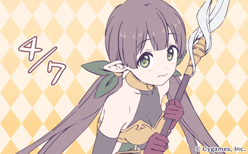 argyle argyle_background bare_shoulders blush breasts brown_hair closed_mouth commentary_request company_name dated eyebrows_visible_through_hair gloves green_hair green_ribbon hair_ribbon highres holding ishibashi_ayumi long_hair looking_at_viewer low_twintails official_art orange_background pointy_ears princess_connect! princess_connect!_re:dive red_gloves ribbon small_breasts solo twintails upper_body watermark