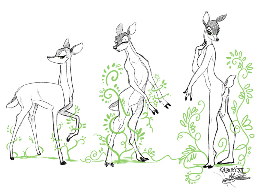 2012 anthro breasts butt cervine deer female feral feral_to_anthro green_eyes kabuki_homewood magic mammal nude open_mouth sequence simple_background smile solo standing transformation white_background