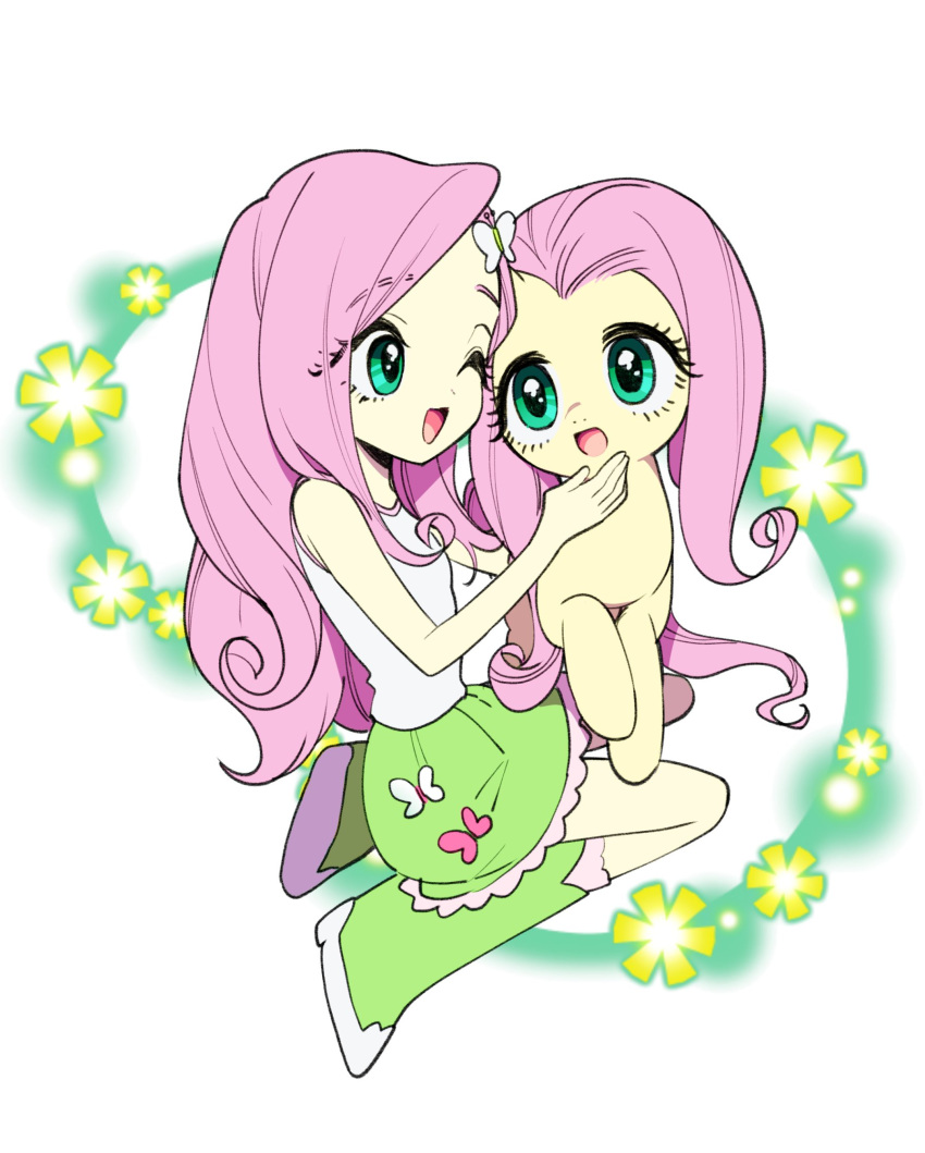 2018 5_fingers boots clothed clothing crossover cute duo equestria_girls equine eyebrows eyelashes female feral flower fluttershy_(eg) fluttershy_(mlp) footwear friendship_is_magic fully_clothed hair hairclip hi_res hooves human long_hair mammal mituuuuya my_little_pony nude one_eye_closed open_mouth open_smile pink_hair plant shirt simple_background size_difference skirt smile teal_eyes tongue white_background