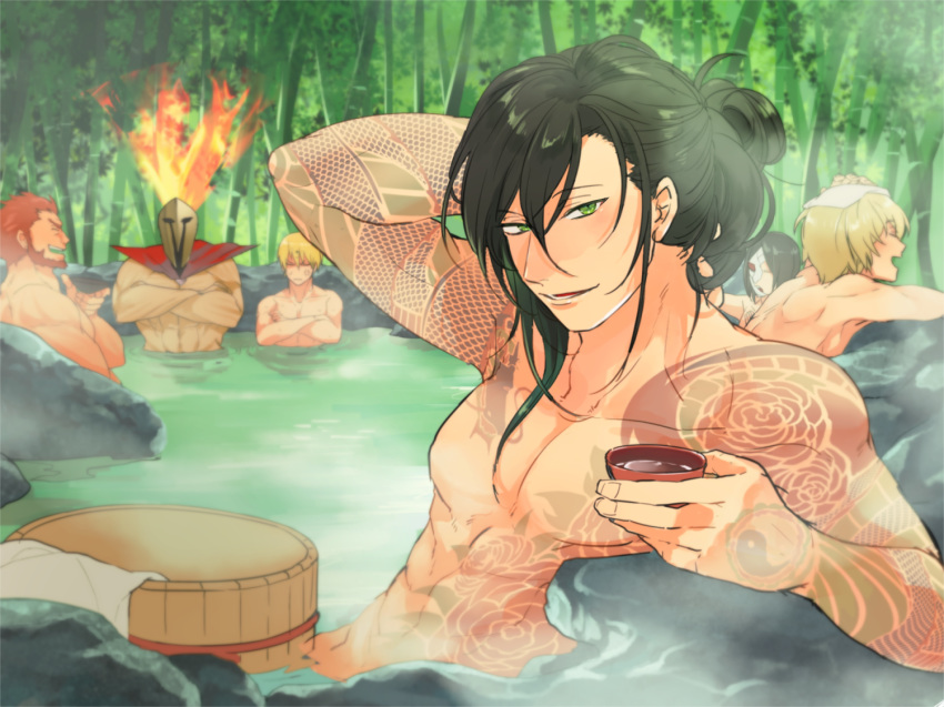 arm_tattoo bamboo bamboo_forest beard billy_the_kid_(fate/grand_order) black_hair bucket cape collarbone crossed_arms cup facial_hair fate/grand_order fate_(series) fire flower_tattoo forest gilgamesh green_eyes hair_up hand_behind_head helmet holding holding_cup leonidas_(fate/grand_order) long_hair looking_at_viewer male_focus multiple_boys muscle nature onsen open_mouth ororooops outdoors partially_submerged pectorals phantom_of_the_opera_(fate/grand_order) red_hair rider_(fate/zero) rock sakazuki smile steam stomach_tattoo tattoo towel towel_on_head water yan_qing_(fate/grand_order)