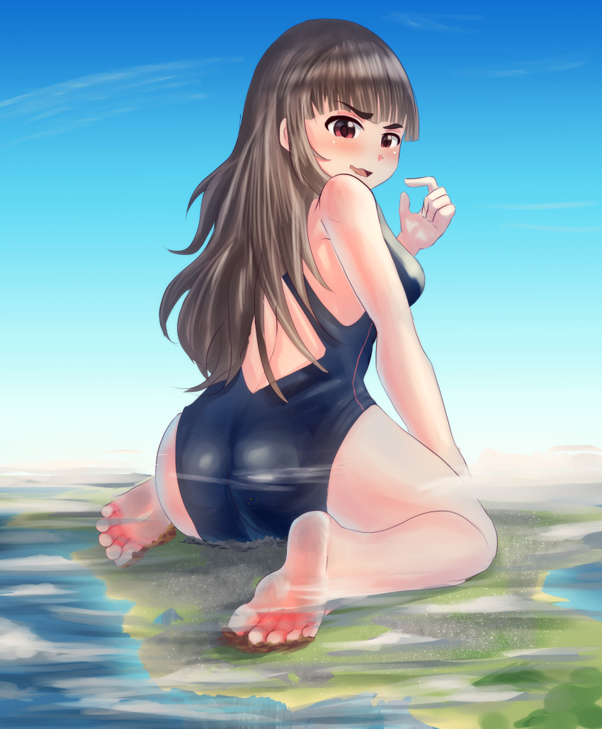 ass destruction giantess grin idolmaster_cinderella_girls kneeling landscape lodain swimming_suit