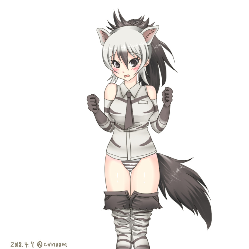 aardwolf_(kemono_friends) aardwolf_ears aardwolf_tail animal_ears bare_shoulders black_eyes black_hair black_neckwear black_shorts blush breast_pocket clenched_hands collared_shirt cowboy_shot dated elbow_gloves extra_ears eyebrows_visible_through_hair gloves grey_hair hair_between_eyes hands_up kemono_friends long_hair looking_at_viewer multicolored_hair necktie open_clothes open_fly open_mouth open_shorts panties pantyhose pocket ponytail print_gloves print_legwear print_shirt shirt shiyo_(cvn00m) shorts shorts_pull simple_background sleeveless sleeveless_shirt solo standing striped striped_panties tail twitter_username two-tone_hair unbuttoned underwear white_background wing_collar