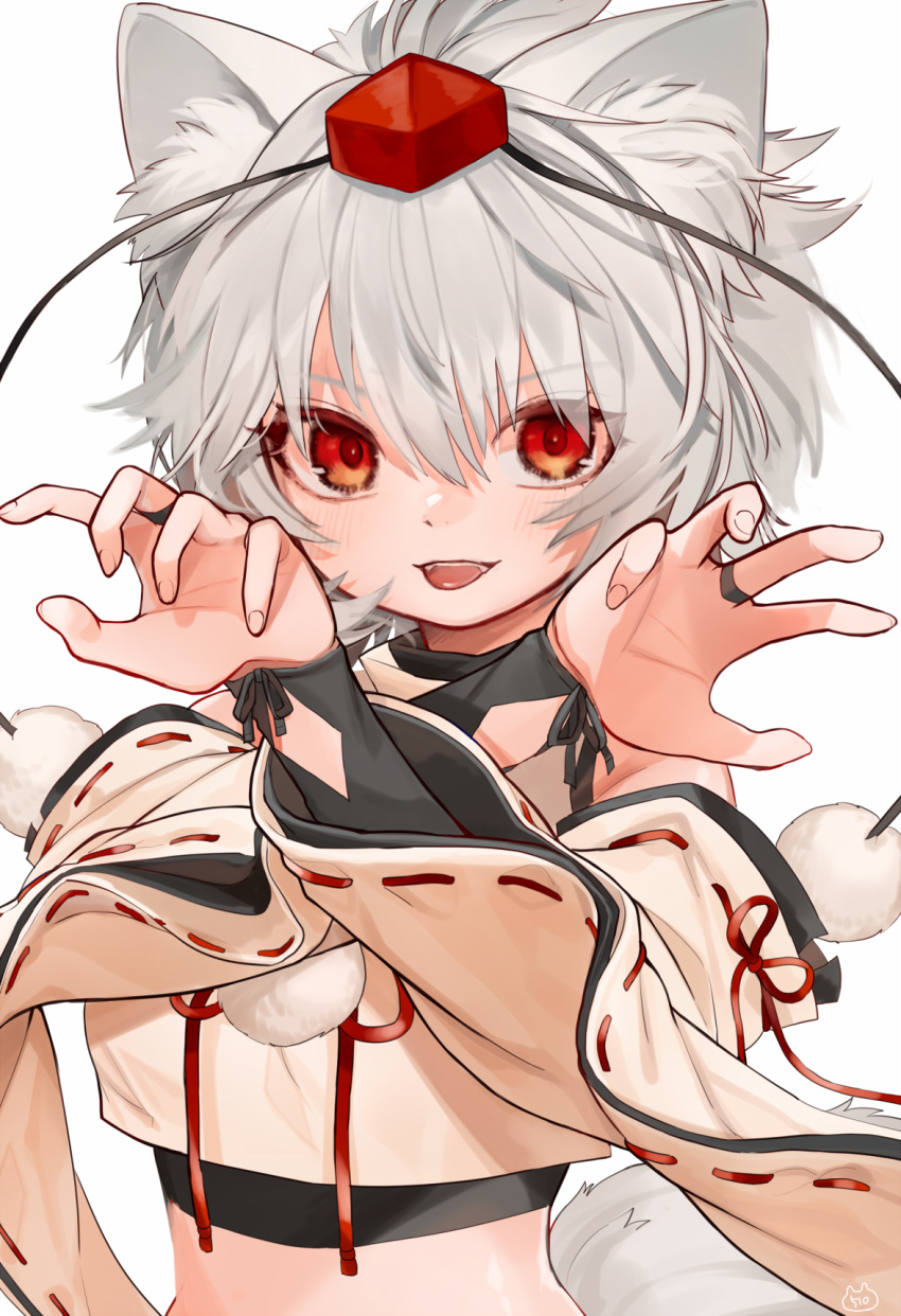 animal_ears bad_id bad_twitter_id bangs blush commentary_request crop_top eyebrows_visible_through_hair gotoh510 grey_hair hands_up hat highres inubashiri_momiji long_sleeves looking_at_viewer midriff open_mouth parted_lips pom_pom_(clothes) red_eyes red_ribbon ribbon ribbon-trimmed_sleeves ribbon_trim short_hair silver_hair simple_background smile solo tail tassel tokin_hat touhou upper_body white_background wide_sleeves wolf_ears wolf_girl wolf_tail